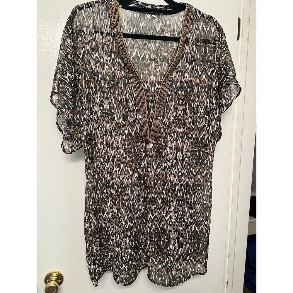 Badgley Mischka beaded v-neck tunic swimsuit coverup medium gold